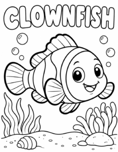 Clownfish coloring page, black and white line art