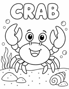 Crab coloring page, black and white line art