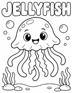 Jellyfish coloring page, black and white line art