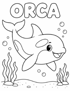 Orca coloring page, black and white line art