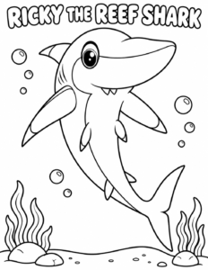 Ricky the Reef Shark coloring page, black and white line art