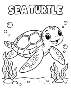 Black and white coloring page: sea-turtle-cute