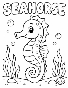Seahorse coloring page, black and white line art