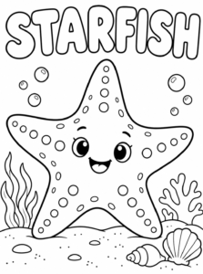 Starfish coloring page, black and white line art