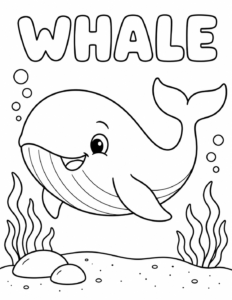 Whale coloring page, black and white line art