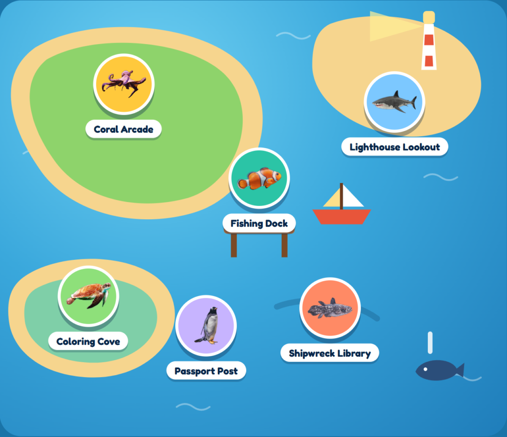 The Reef Town island map with its six places